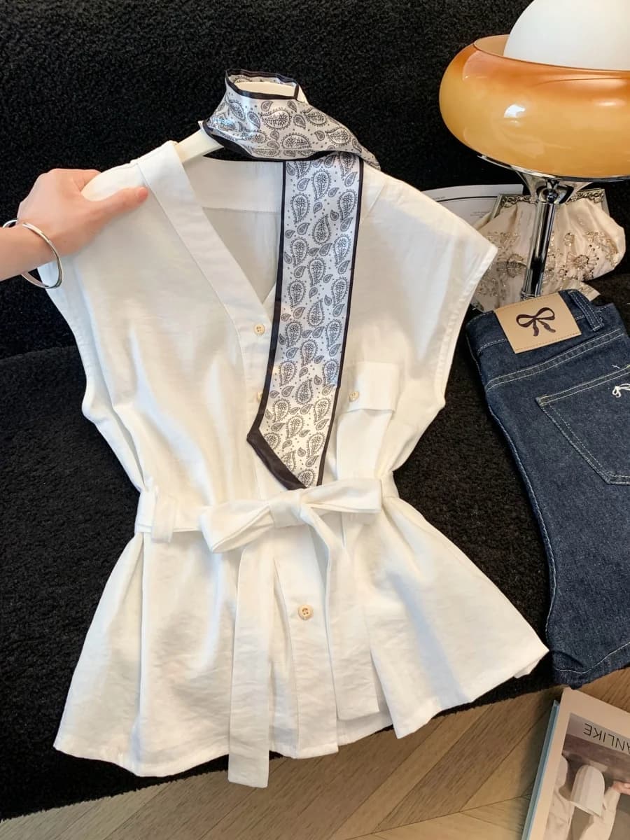 Korean Style V-Neck Belted Sleeveless Shirt Women Summer 2026 New Design Loose Slimming Top Fashionable Unisex Cardigan