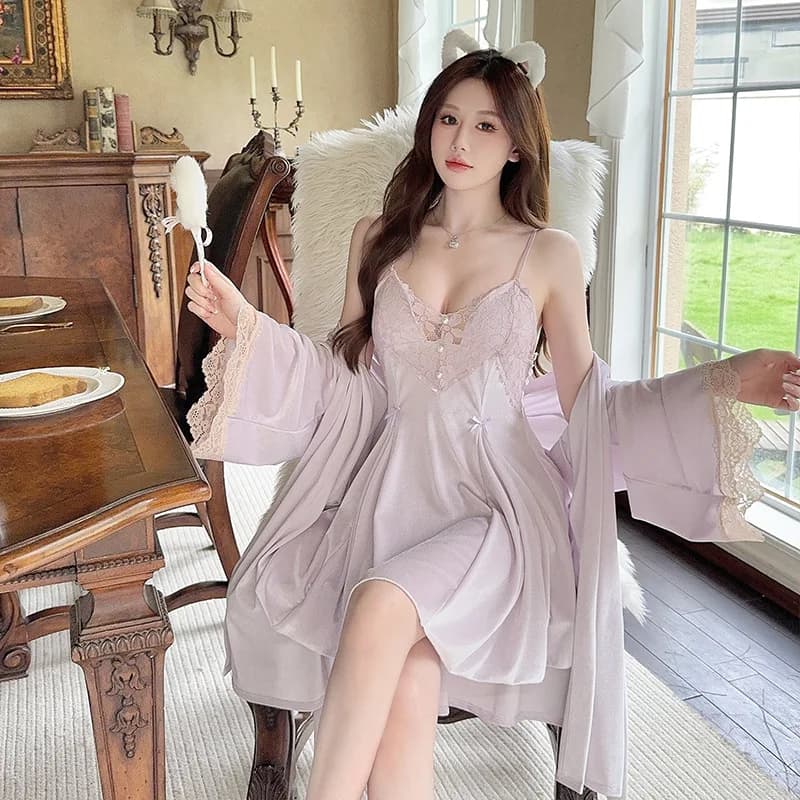 Twinset Set Vestaglia in Velluto da Donna con Kimono in Pizzo, Abito da Notte, Abbigliamento per la Casa Autunno Inverno, Pigiameria e Loungewear