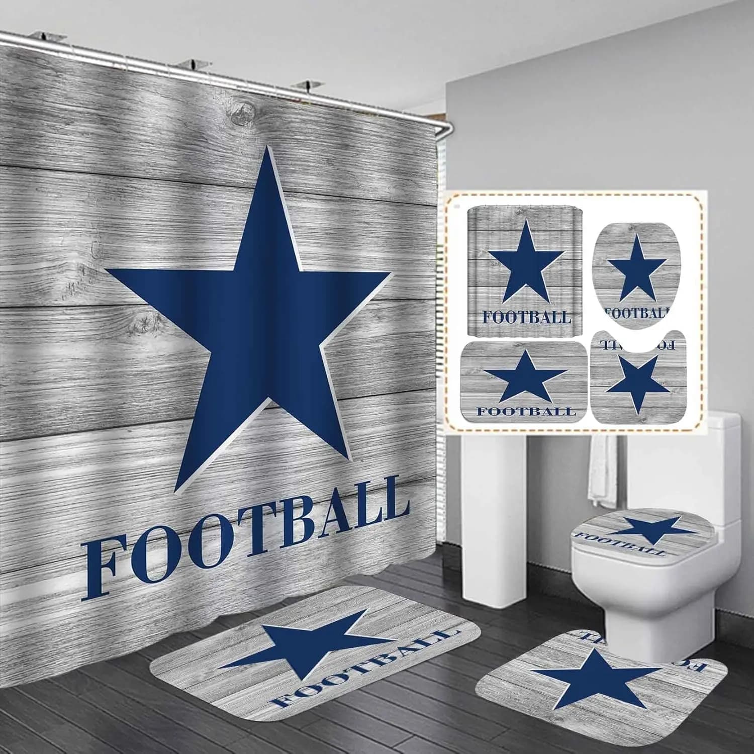 4 pezzi/set tenda da doccia per calcio americano, blu navy Texas Star rustica tavole di legno giocatore atleta sport bagno arredamento per uomo