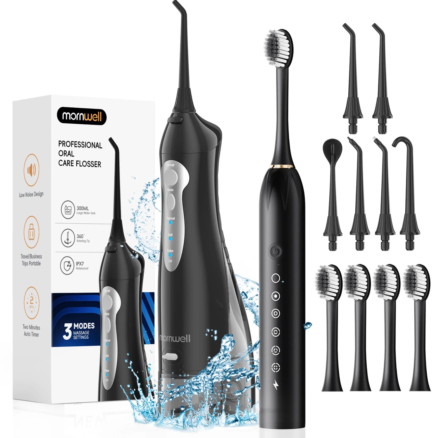 Mornwell Portable Waterdropper with Combo Electric Brush: Genghive Care - Cleaning and Hygiene for Adults, Travel Use, D52 & X3