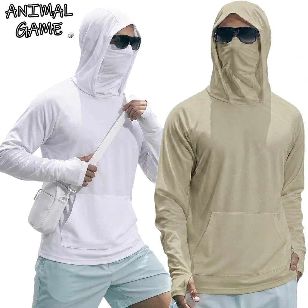 T-shirt Estiva da Uomo UPF50+ a Maniche Lunghe con Cappuccio, ad Asciugatura Rapida, per Corsa, Protezione Solare, Pesca, in Seta Ghiacciata, Stile Streetwear