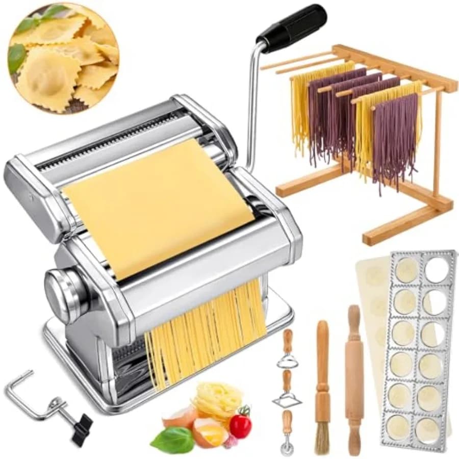 Set di 8 Pezzi per la Preparazione della Pasta, Inclusa Macchina per Pasta in Acciaio Inossidabile, Stendipasta in Legno, Stampo per Ravioli e Tagliapasta