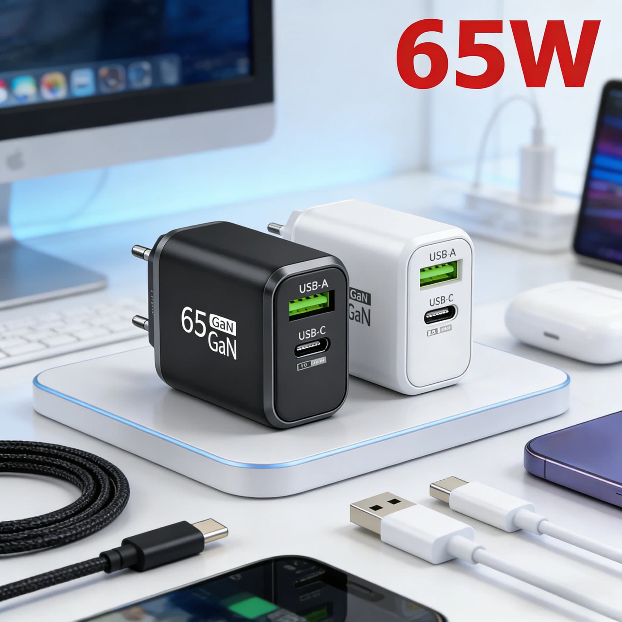 Caricabatterie USB C GaN da 65W per Telefono, Ricarica Rapida Tipo C, Cavi di Ricarica Veloce per iPhone 15 16 Xiaomi, Adattatore da Parete PD Quick Charge 3.0