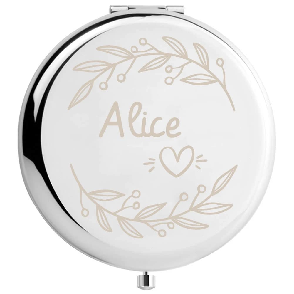 Specchio per il trucco con nome personalizzato, decorato con motivi sulla superficie e inciso al laser con un nome personalizzato. Personalizzato