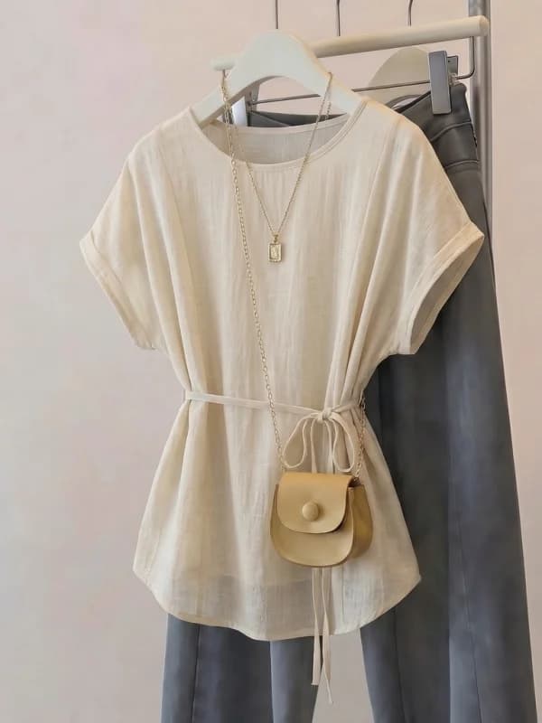 Thin Cotton Linen Short Sleeve Shirt Women's Summer New Large Size plus Size Mid-Length Belted Waist-Cinching Top