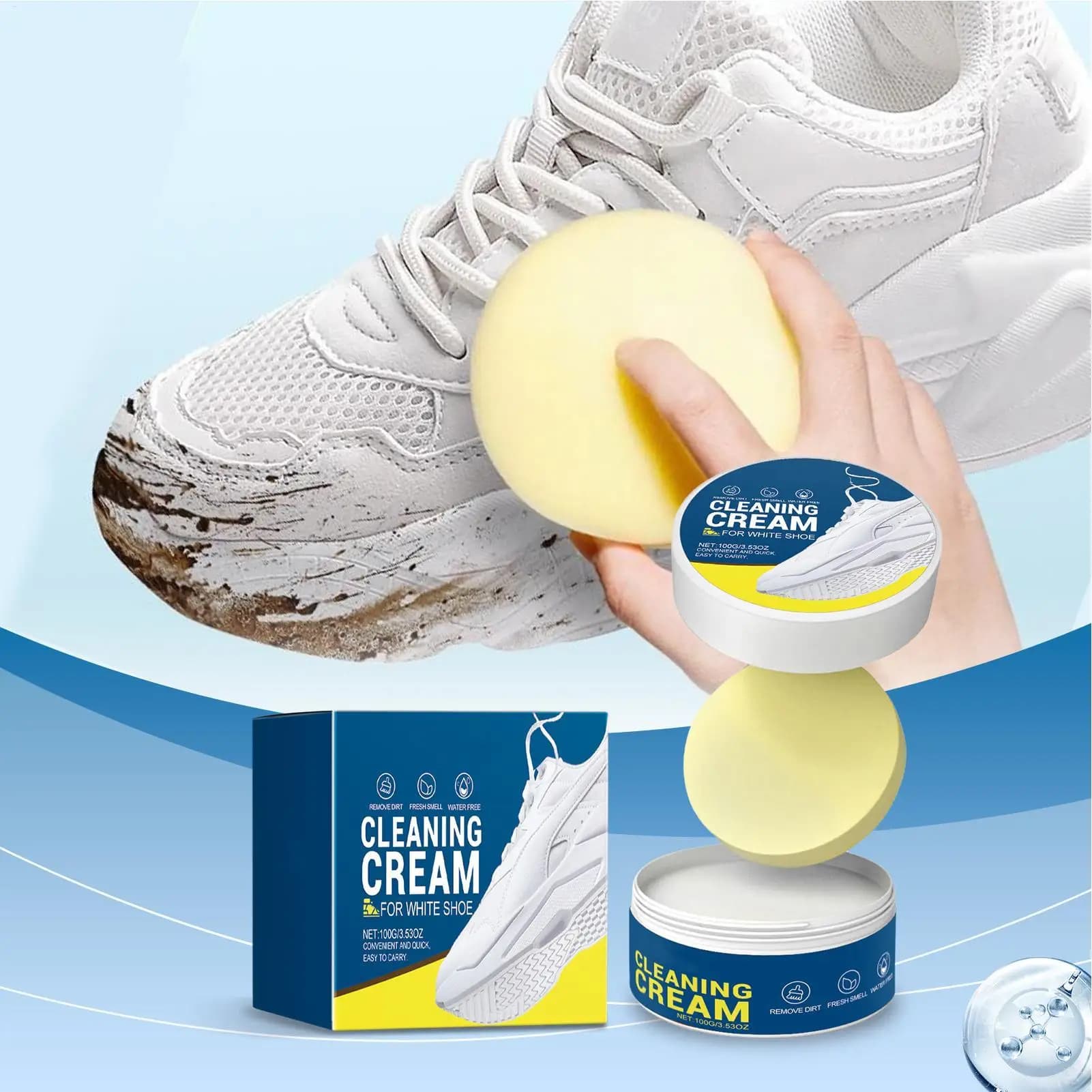Crema detergente multifunzionale per scarpe 100g, detergente per scarpe bianche, kit per la rimozione rapida delle macchie e il ripristino, per sport, corsa, escursionismo, palestra