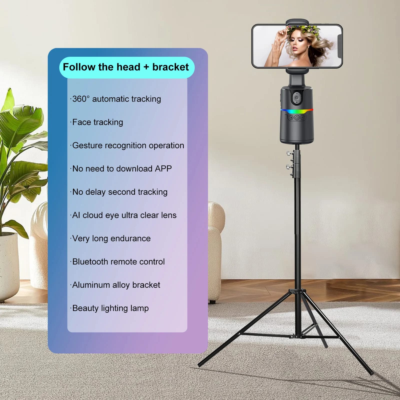 360 ° Bastone Selfie da Tavolo con Tracciamento Automatico del Viso, Funzionamento Senza App, Compatibile con Foro Universale per Treppiede e Fotocamere Standard