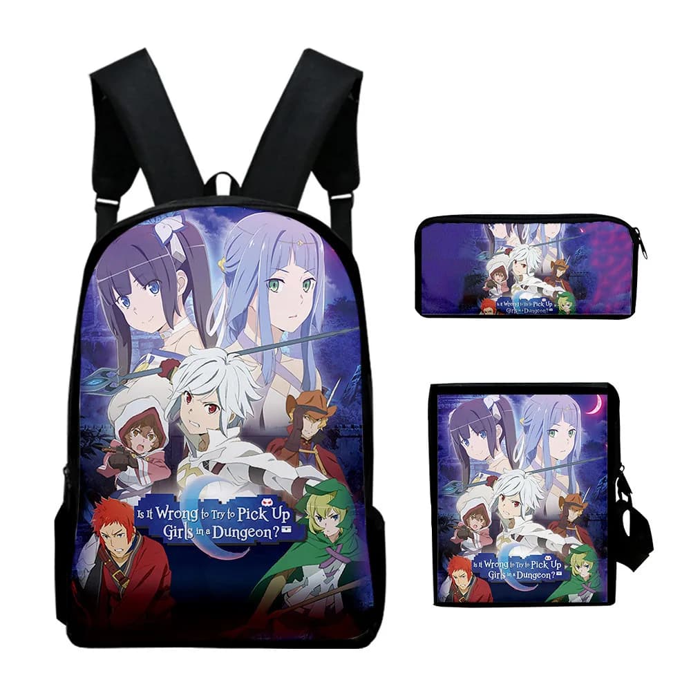 Classic Novelty Cool Danmachi 3D Print 3pcs/Set pupil School Bags Laptop Daypack Backpack Inclined shoulder bag Pencil Case
