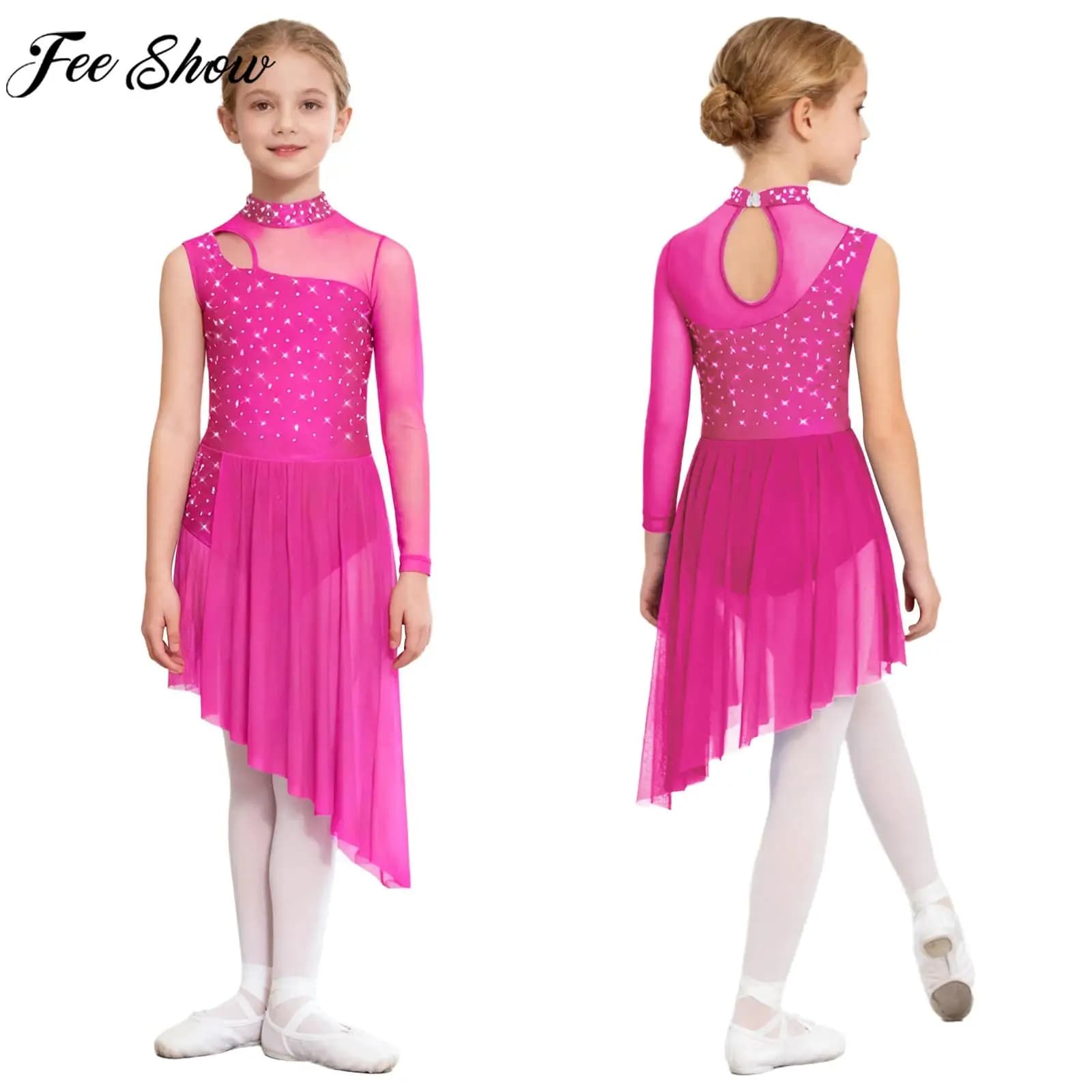 Costume da danza lirica moderna per bambina, strass lucidi, body in rete trasparente, vestito da pattinaggio di figura, ginnastica, acrobazie