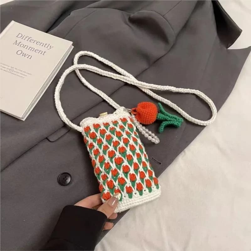 Kit Materiale Fai da Te per Borsa a Tracolla Piccola Stile Tulipano in Maglia, Borsa per Cellulare da Donna 2026 in Filato Lavorato a Maglia, Pacchetto Materiale ZI753
