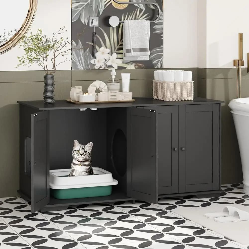 Grande Lettiera Decorativa per Gatti con Porta Magnetica e Fondo Rialzato per 2 Gatti, Nera