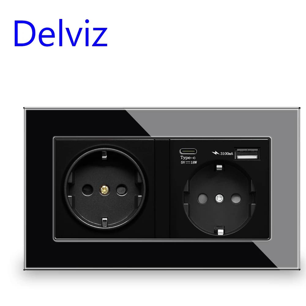 Porte Delviz tipo C presa USB, pannello in cristallo temperato, ricarica rapida 5V 18W, doppia presa di corrente a parete Standard ue