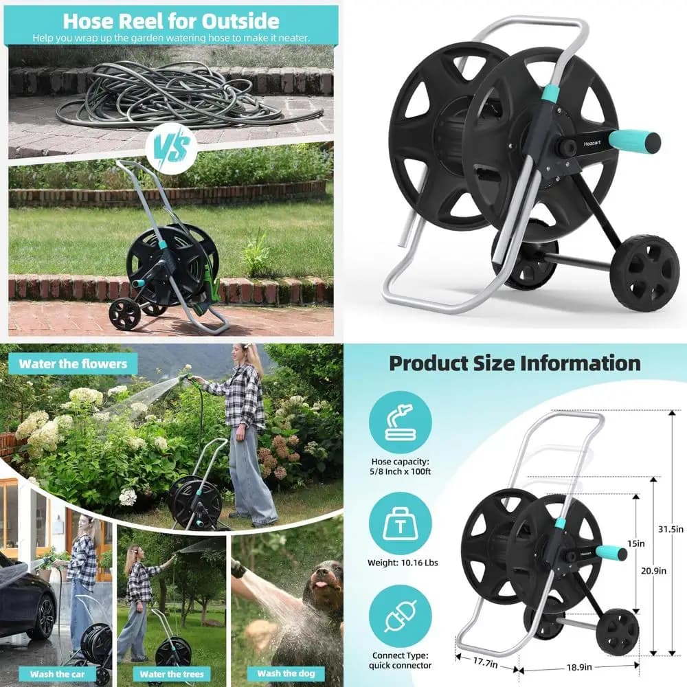 Carrello Portatile in Metallo Resistente con Ruote per Tubi da 50-120 Piedi, Ideale per Esterni, Giardini e Prati