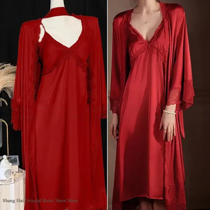 Silk satin Long night shirt and robe Set Autumn Spring night shirt Bathrobe Women's nightwear Kimono Dress Elegant lace Homewear Pigiama