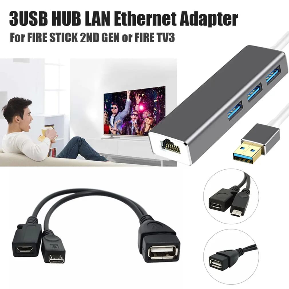 HUB USB 1080P 3 Ethernet LAN Adapter + OTG USB Cable for Fire Stick 2nd GEN or Fire TV3 TV Stick Dropshipping Wholesale