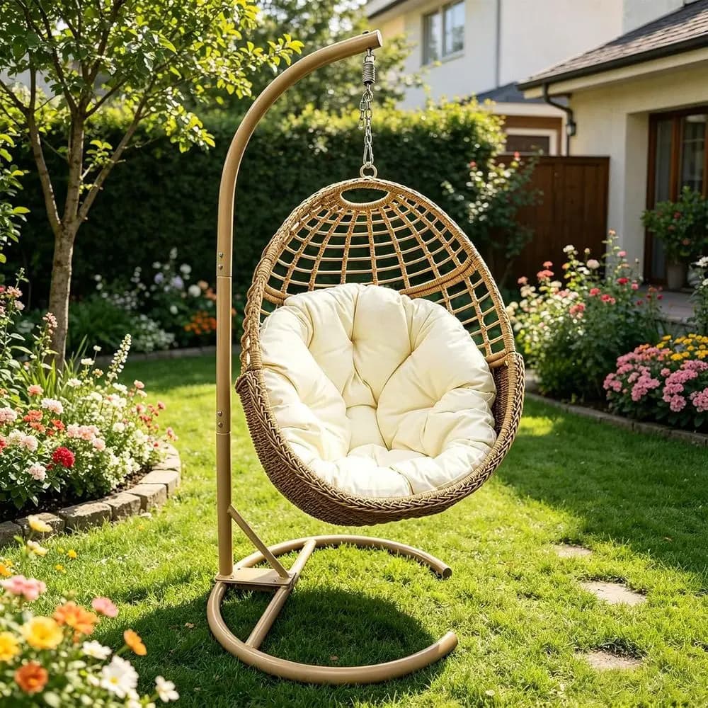 Egg-shaped Wicker Rattan Swing Chair with Detachable Cushion, Up to 350 lbs, Suitable for Indoor, Outdoor, and Balcony, Brown