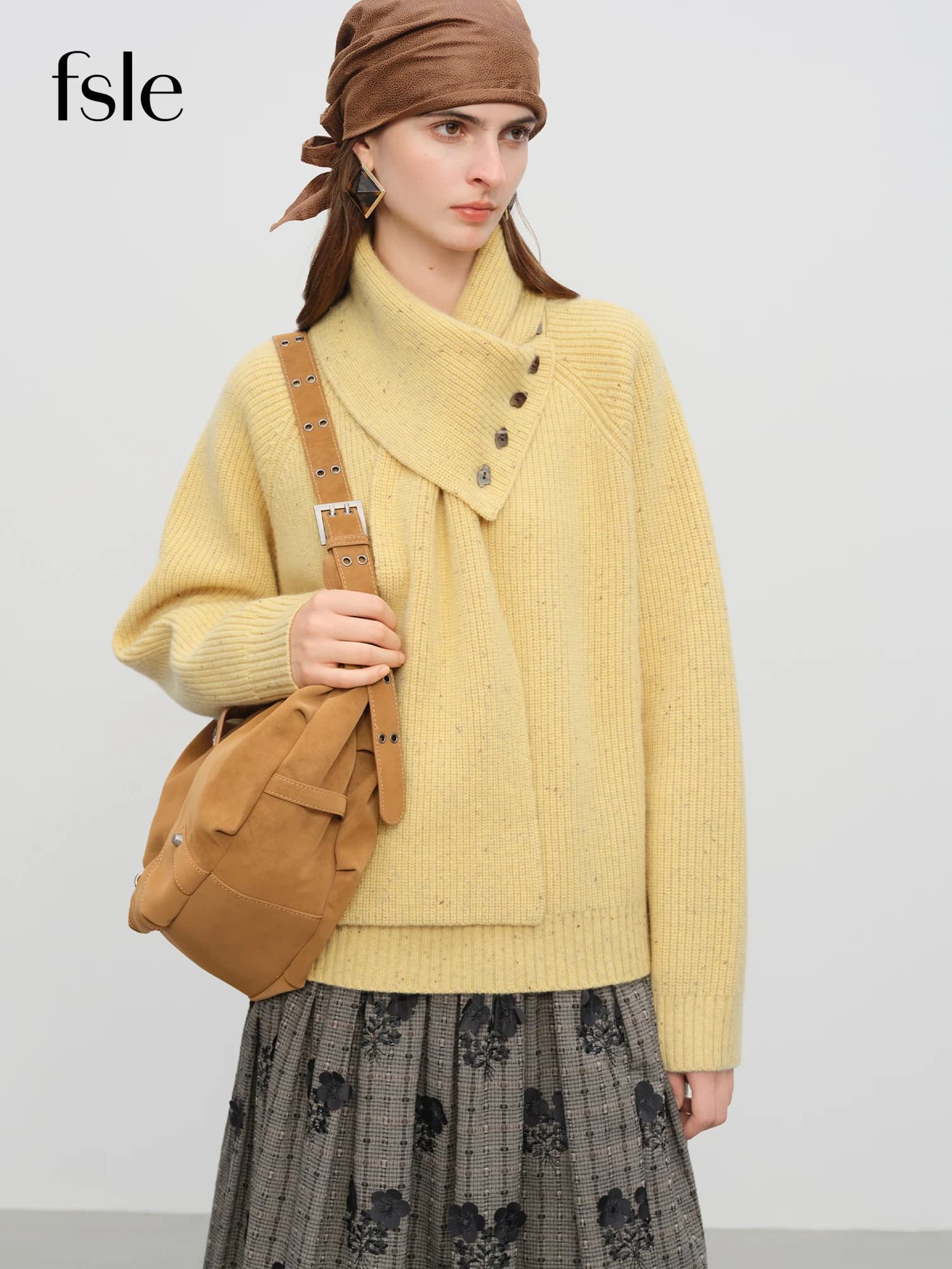 FSLE【Premium Series】Winter 2025 Women's Scarf Inspired V-Neck Knit Sweater - Relaxed Fit Comfort Pullover with Soft Touch