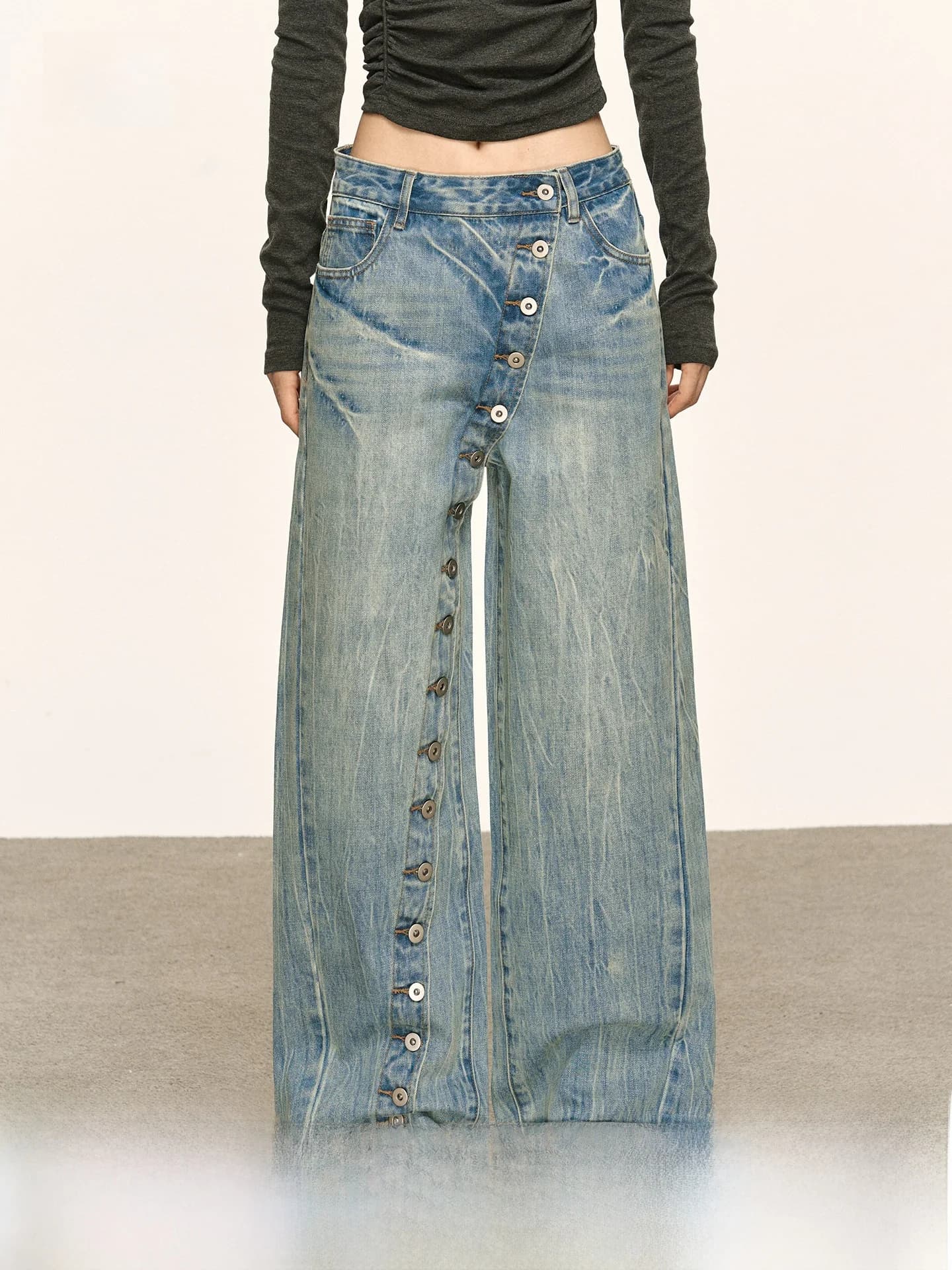 Anna Aneae Design Sensual Slanted Button Denim Jeans Women's Spicy Retro Loose Straight Leg Long Trousers Trendy