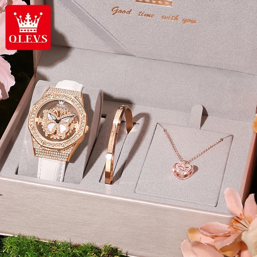 OLEVS 9996 Luxury women's watch with butterfly-shaped dial, leather strap, quartz watch with diamonds, waterproof luminous watch set
