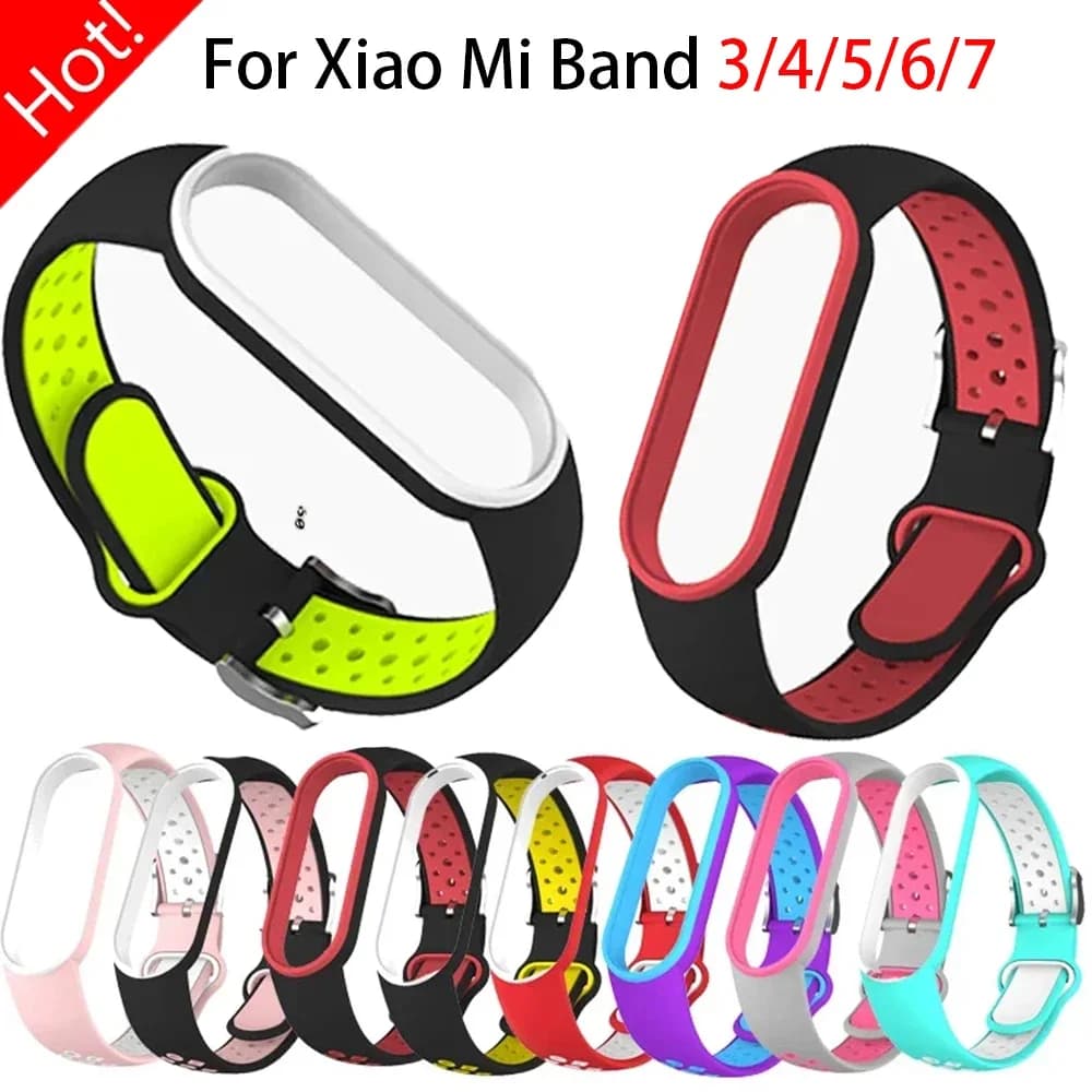 Cintura per Xiaomi Mi Band 3 4 5 6 7 Bracciale in silicone bicolore Sport cinturino traspirante per Miband 5 Miband 6 cinturino di ricambio