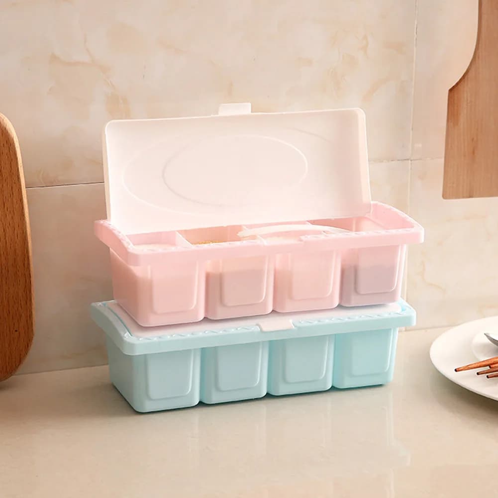 Set di Contenitori per Spezie in Plastica a 4 Scomparti, Scatole per Condimenti e Sale per Cucina Domestica