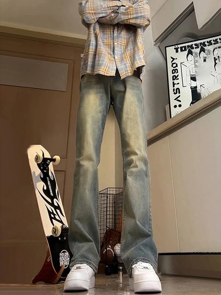 Retro Blue Straight Leg Jeans Men's Spring Autumn High Waist Lengthening Leg Effect American High Street Sle Slimming Flare...