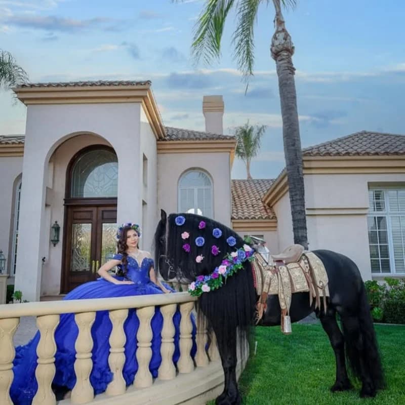 Abito Quinceanera blu royal lucido con spalle scoperte Decalcomania floreale a strati in pizzo Coda lunga abiti da 15 Quinceanera Personalizza