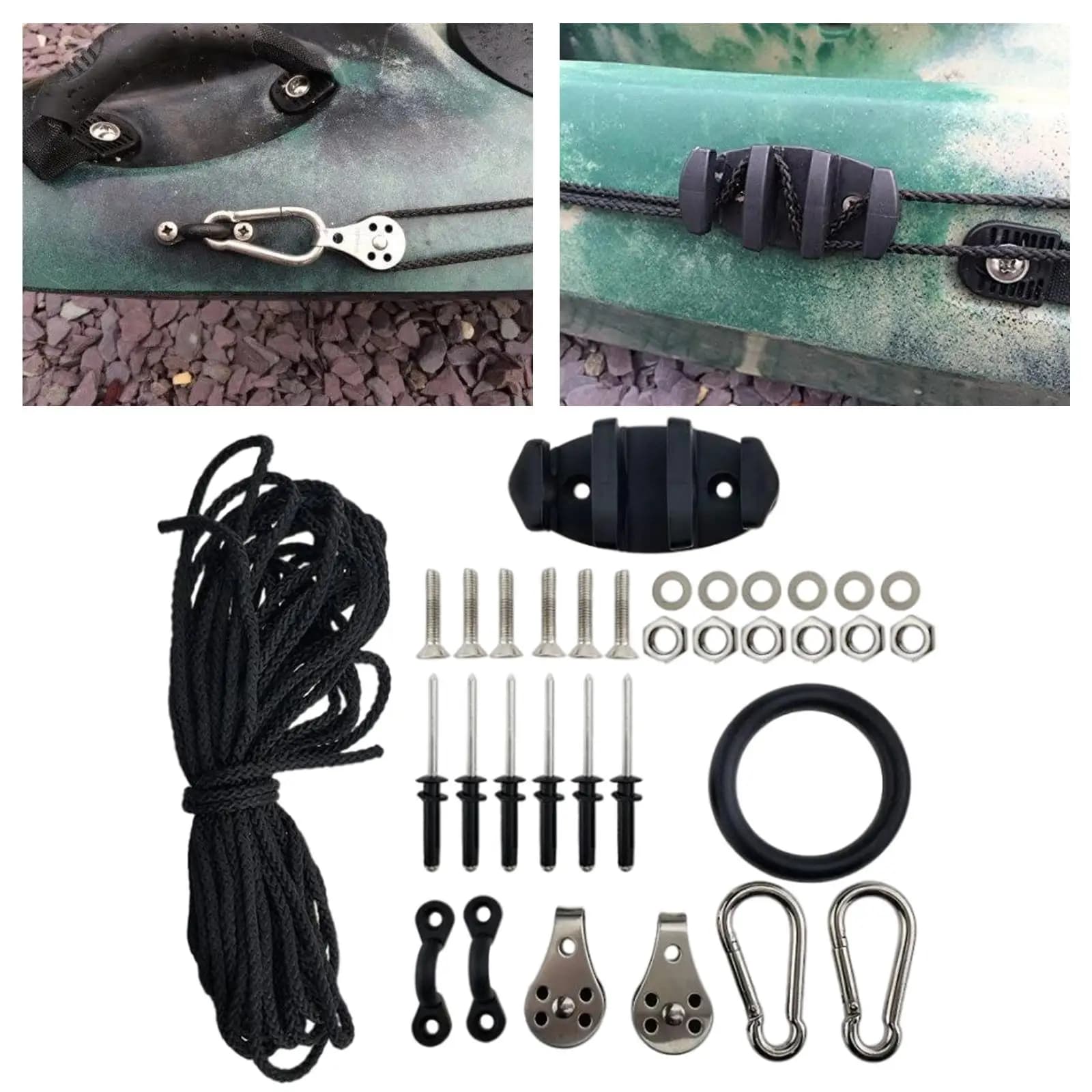Kayak Anchor Trolley Kit with Rope Nuts Pulleys Rivets Screws Pad Eyes Deck Rigging Set Marine Accessories
