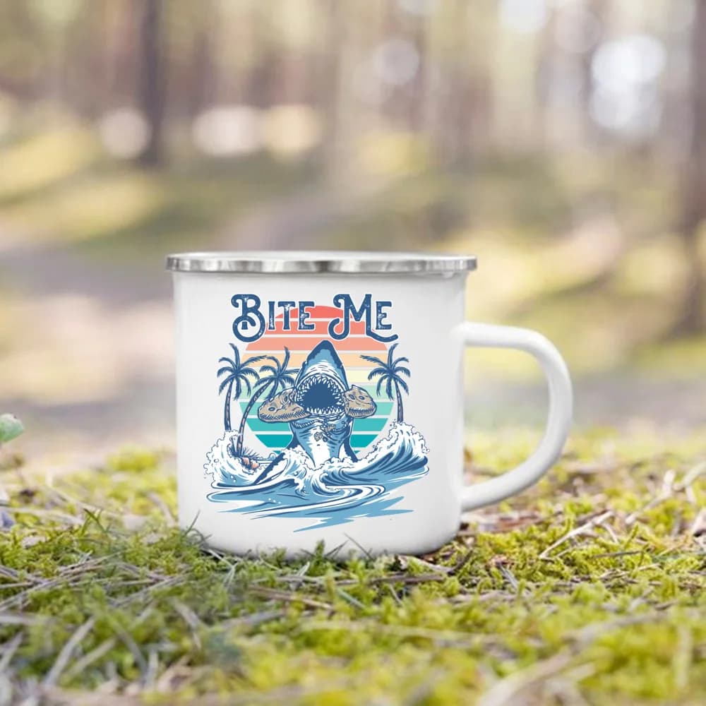 Tazza smaltata stampata California Palm Beach per campeggio, tazza da birra per feste e avventure, tazza con manico a montagna, regali per campeggiatori