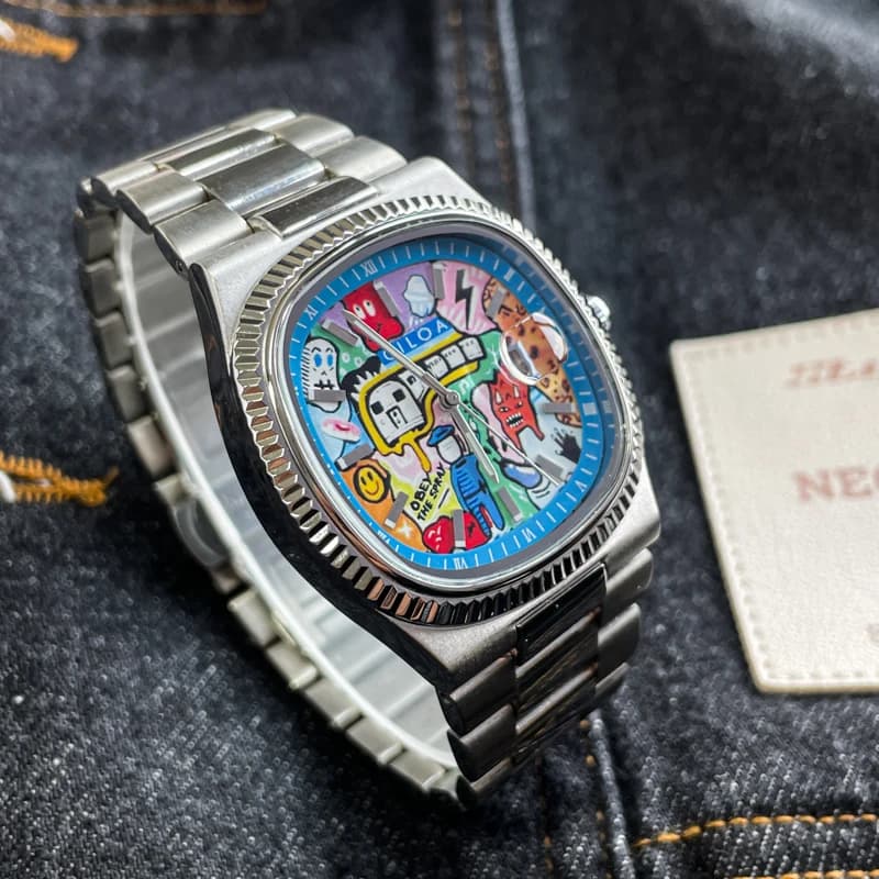 CILOA-Men Trendy Silver Watch Colorful Graffiti Dial Stainless Steel Strap Street Art Fashion Quartz Wrist Watch-518