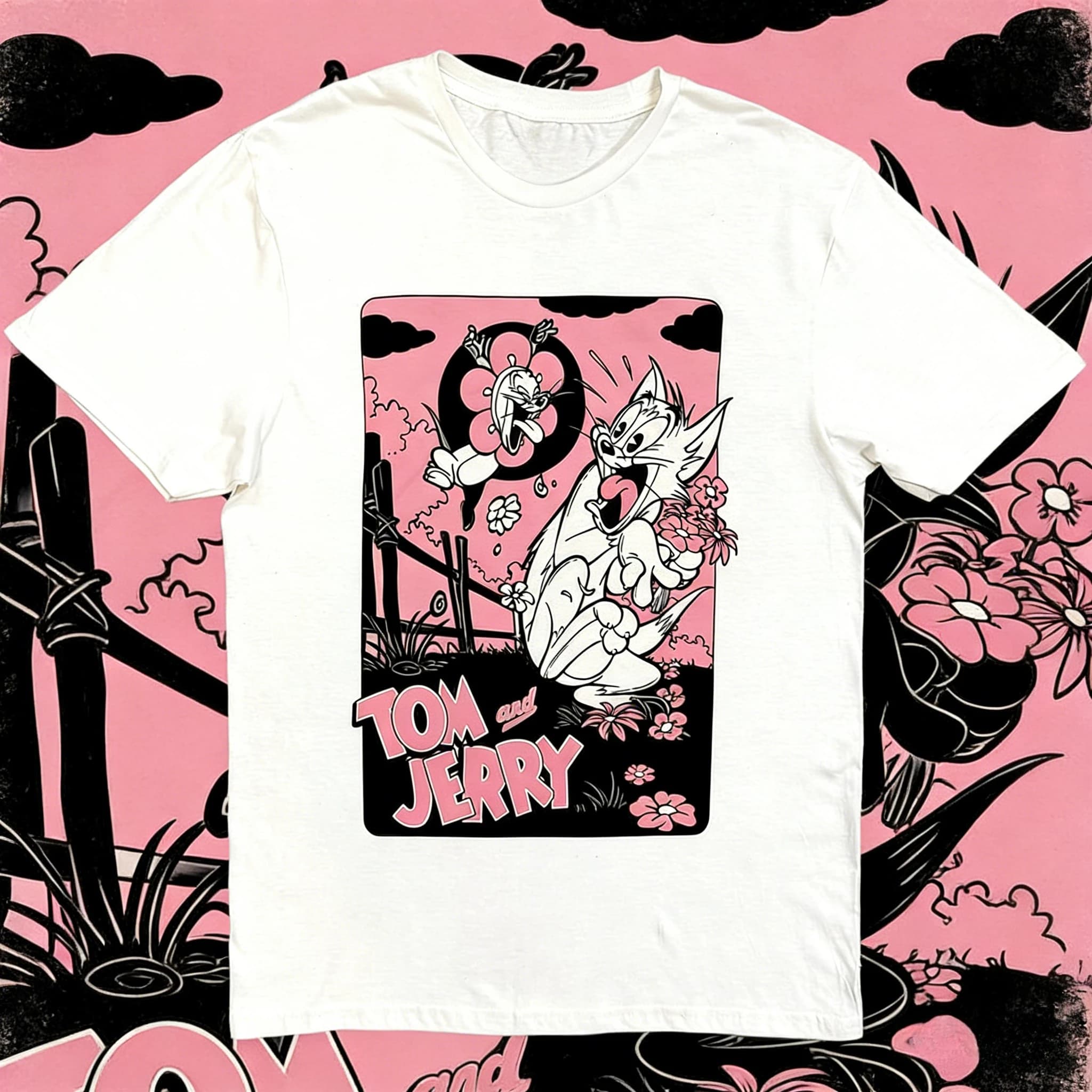 T-shirt Casual Oversize Stampata 100% Cotone con Immagine di Tom e Jerry, Collezione Estiva 2026, per Adulti e Bambini, Top Coordinato Genitore-Figlio, Abbigliamento da Casa.