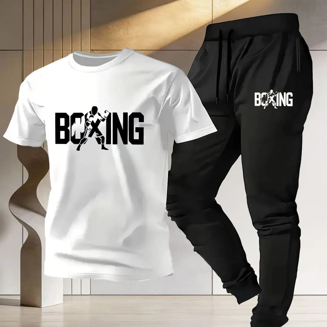 Set sportivo da boxe da uomo, nuovo stile 2026, T-shirt a maniche corte in puro cotone + pantaloni lunghi sottili ad asciugatura rapida per allenamento