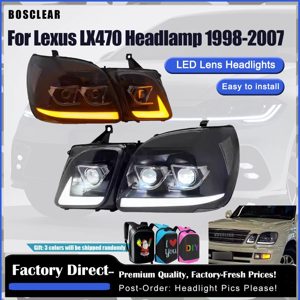 Gruppo lampade frontali a LED per fari Lexus LX470 1998-2007 Accessori auto LX470 Aggiornamento faro Proiettore Lampade frontali Luci