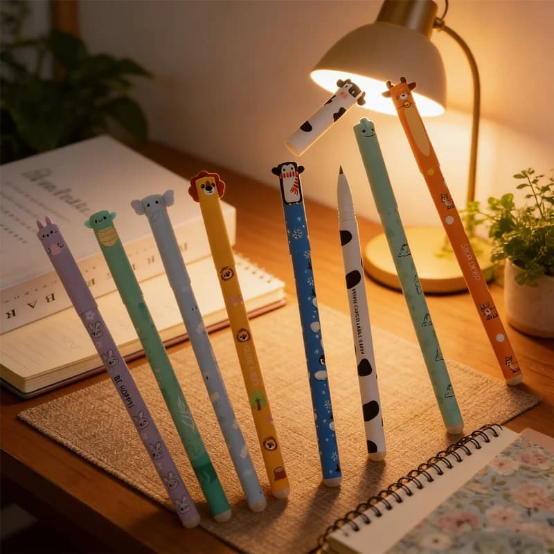 Confezione da 8 Penne Gel Cancellabili a Tema Animali Carini 0,5mm, Inchiostro Multicolore per Scrittura Fluida, Ideali per Ufficio e Scuola