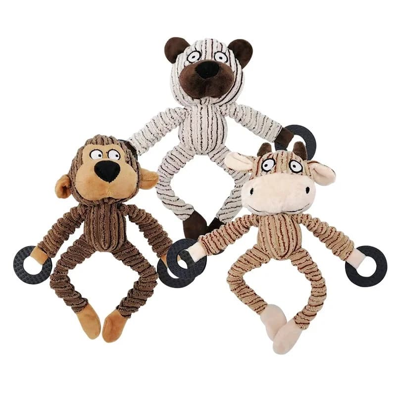 Giocattoli per Cani in Peluche Squeaky, Giocattoli da Masticare Elastici a Forma di Scimmia, Mucca e Orso per la Dentizione e la Pulizia dei Denti, Giocattoli Interattivi Durevoli per Animali Domestici