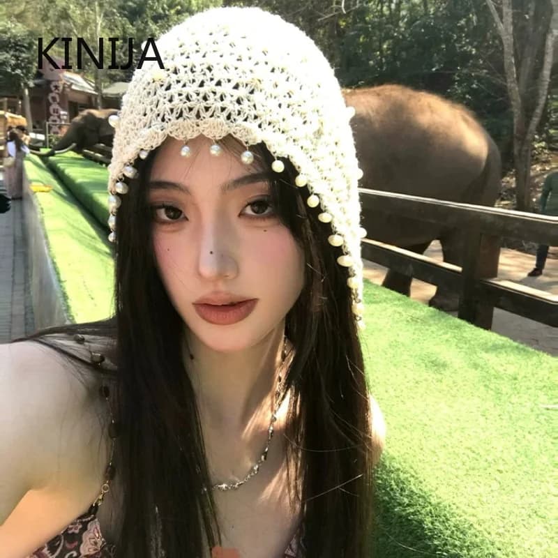 Hollow Out Pearl Tassel Pendant Headband Hat for Women Summer Ethnic Style Knitted Pullover Hat Retro Beanies Cap Baotou Hat