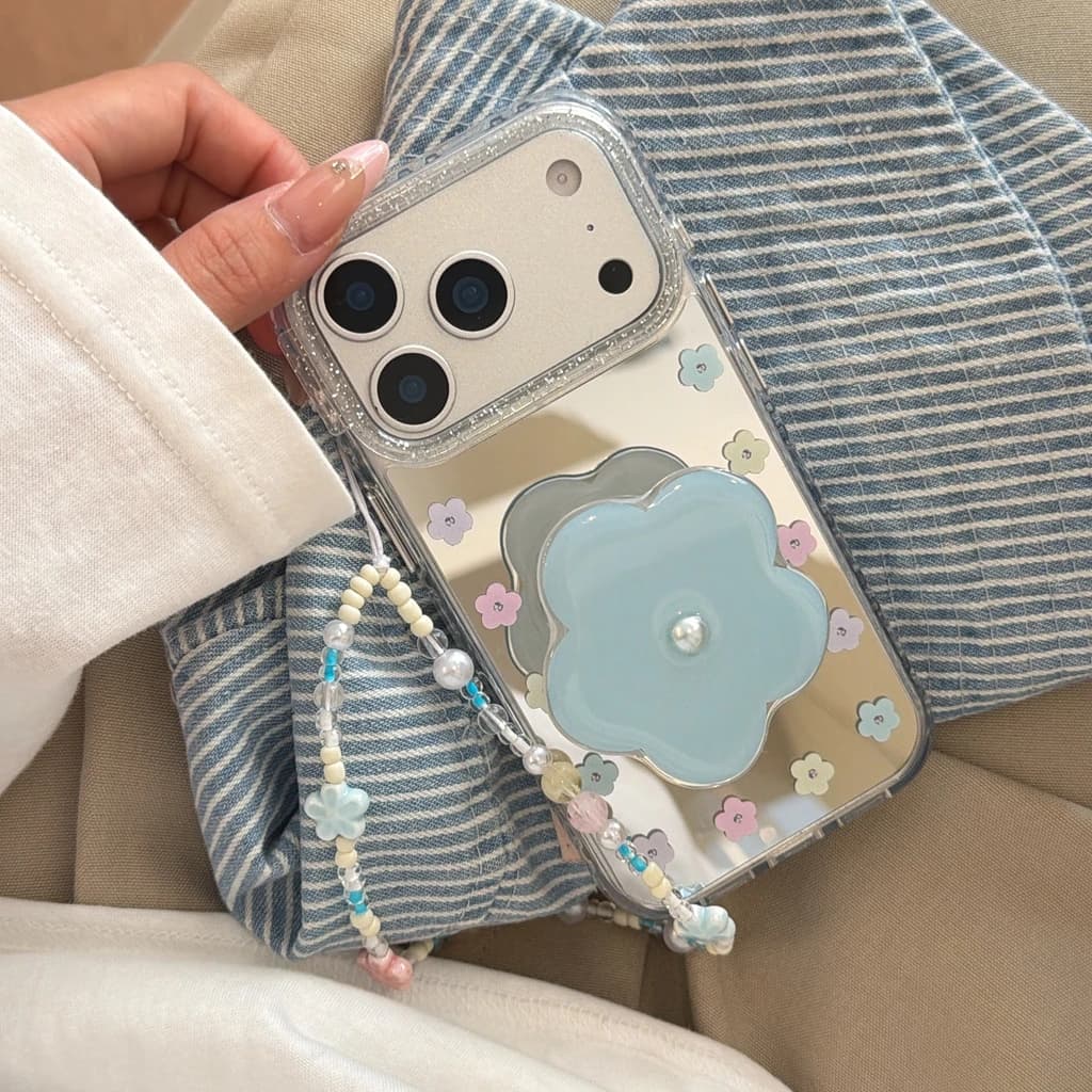 Protective Protective Case for iPhone 17 16 15 14 Pro Max with Glittered Mirror for Fresh Blue Flowers, Floral Support and Beaded Cordino