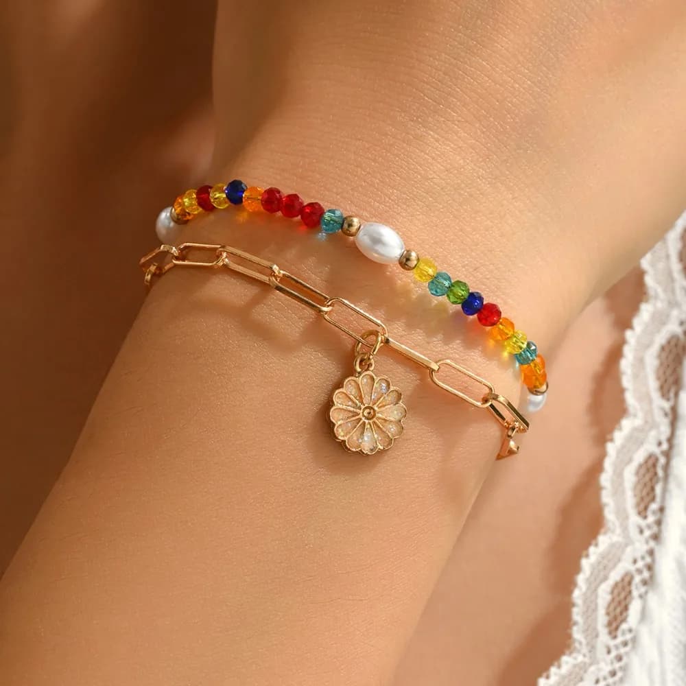 Sweet Exquisite Paperclip Chain Rainbow Imitation Pearl Beaded Daisy Charm Two Layer Stack Bracelets for Women Date Jewelry Gift