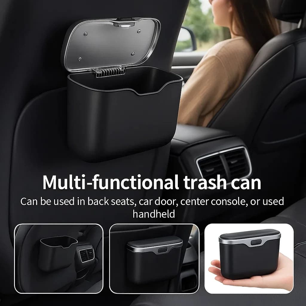 Pattumiera per auto con pulsante del coperchio, contenitore portaoggetti sospeso per uso bagnato e asciutto, accessori interni auto, scatola organizer multifunzionale