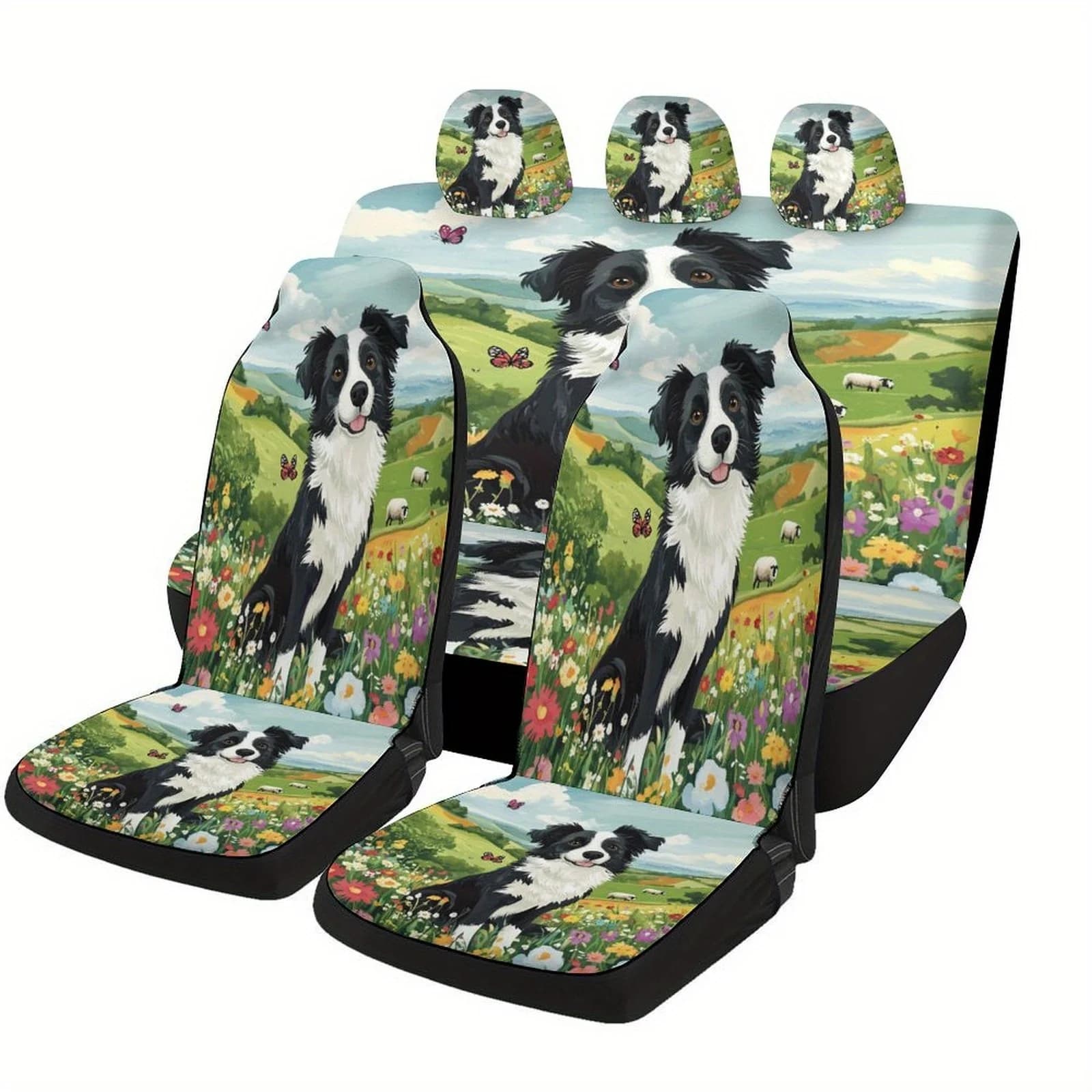 Border Collie In Spring Meadow Themed Car Seat Cover Set - Vibrant Polyester, Universal Fit For Most Cars, Machine Washable, 2 F