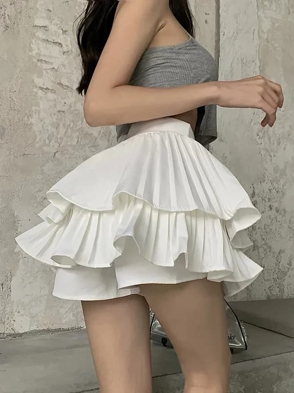 Puffy Half-length Cake Skirt Women's White Puffy Skirt Spring Commute High-waist Pleated Short Skirt Pure Color