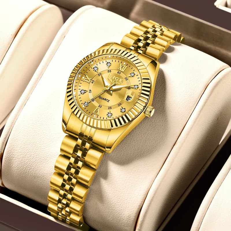 LIGE Women's Classic Golden Quartz Watch Elegant Women's Watch Luxury Gift Watches Women's Waterproof Wrist Watch + Box