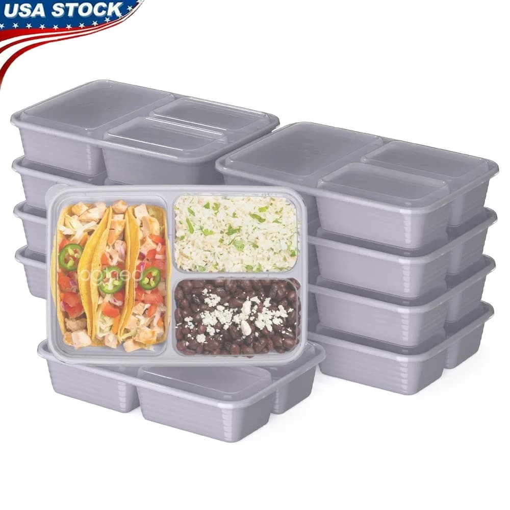Kit di preparazione dei pasti da 20 pezzi Contenitori di stoccaggio a 3 scomparti con coperchi Porzione sana riutilizzabile sicura per microonde impilabile senza BPA
