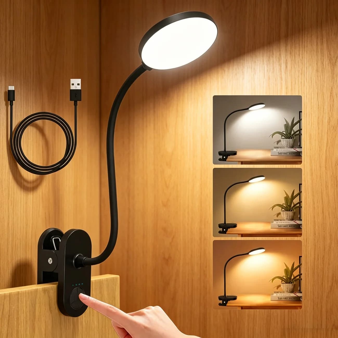 Clip on LED Desk Lamp USB Reading Light Book Night Flexible Neck 3 Color Temperature 10 Brightness Modes Suitable for Kids Study