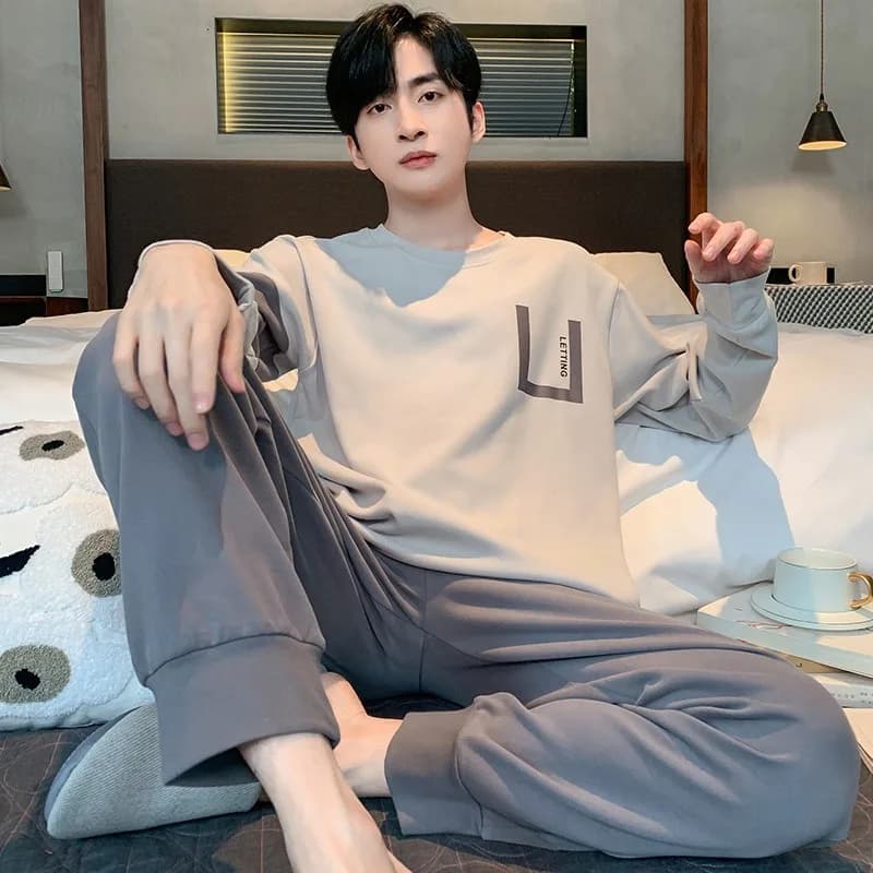 Plus Size Men Pajamas Striped Long Sleeve Long Pants Crew Neck Soft Breathable Teen Student Loungewear Two-Piece Cartoon Letter