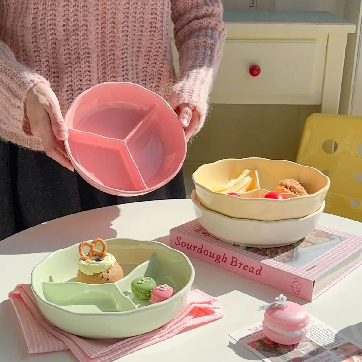 Piatto in Ceramica a 3 Scomparti Stile Crema - Piatto per il Controllo delle Porzioni per Dieta e Perdita di Peso, Piatti Divisi per Adulti e Bambini