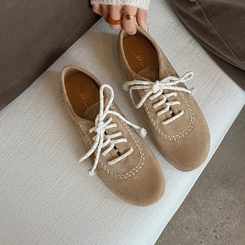 2026 Spring Women Loafers Sheep Suede Leather Shoes for Women Round Toe Chunky Heel Shoes Casual Lace-up Flat Shoes Women Pumps