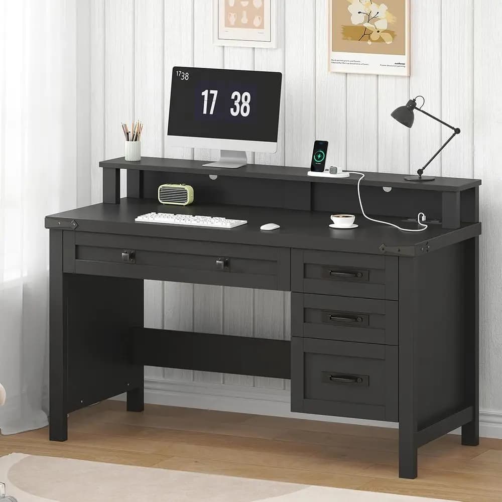 Scrivania Compatta 47 con 4 Cassetti, Prese di Corrente e Supporto Monitor - Nera