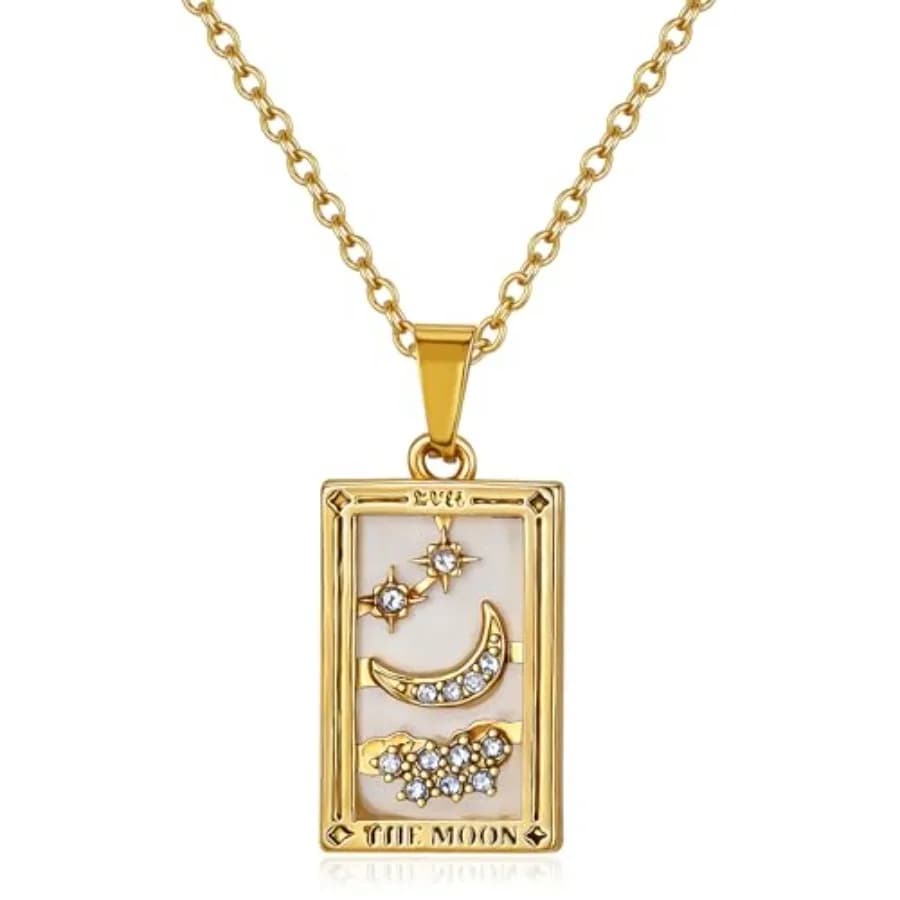 Tarot Card Witch Necklace for Women, 18K Gold Plated Stainless Steel Vintage Lucky Charm Square Zodiac Pendant Talisman Amulet