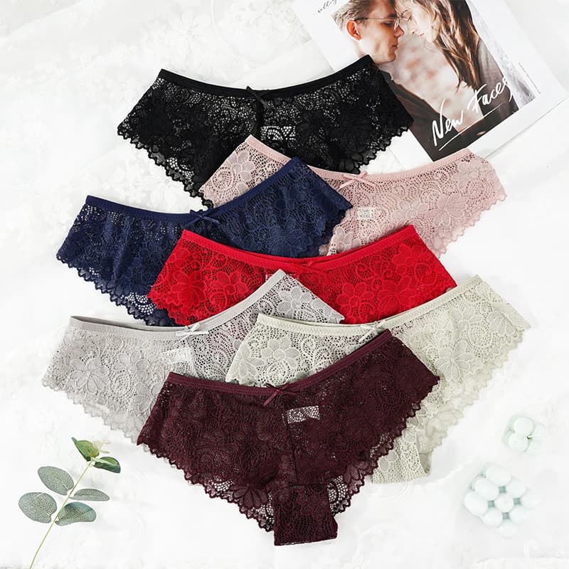 Women's Sexy Hollow Out Lace Bow Underwear Comfortable Seamless Low Waist Panties Breathable Sheer Briefs Lingerie